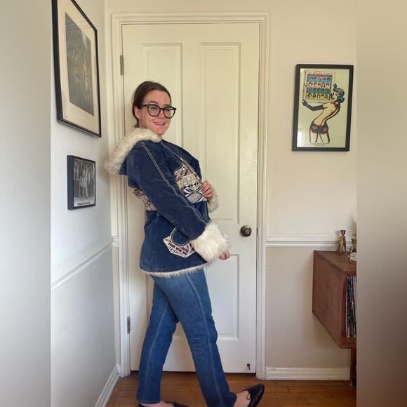 70s Vintage Blue Crush Velvet Penny Lane Style Coat w Faux Fur Trim and Hood - Picture 4 of 10